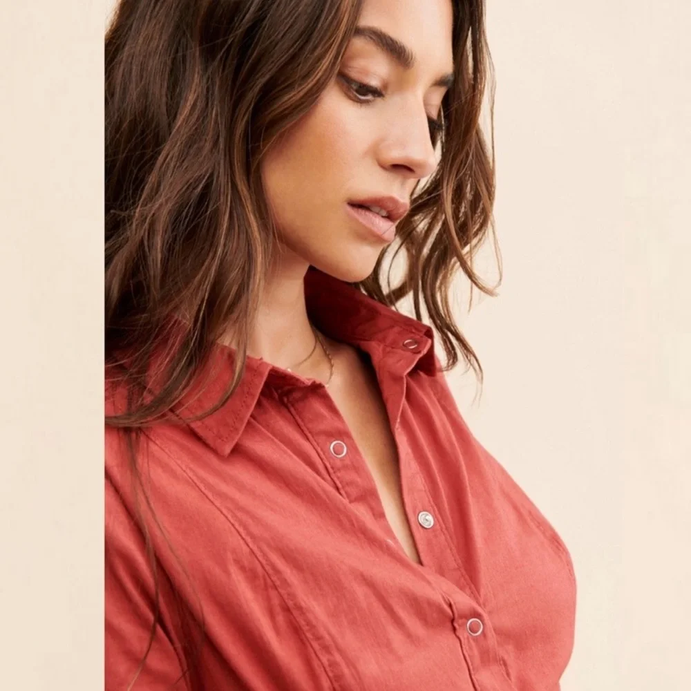 Free People Thea Button down Mini Shirt Dress Tunic Rust Color - Picture 2 of 10